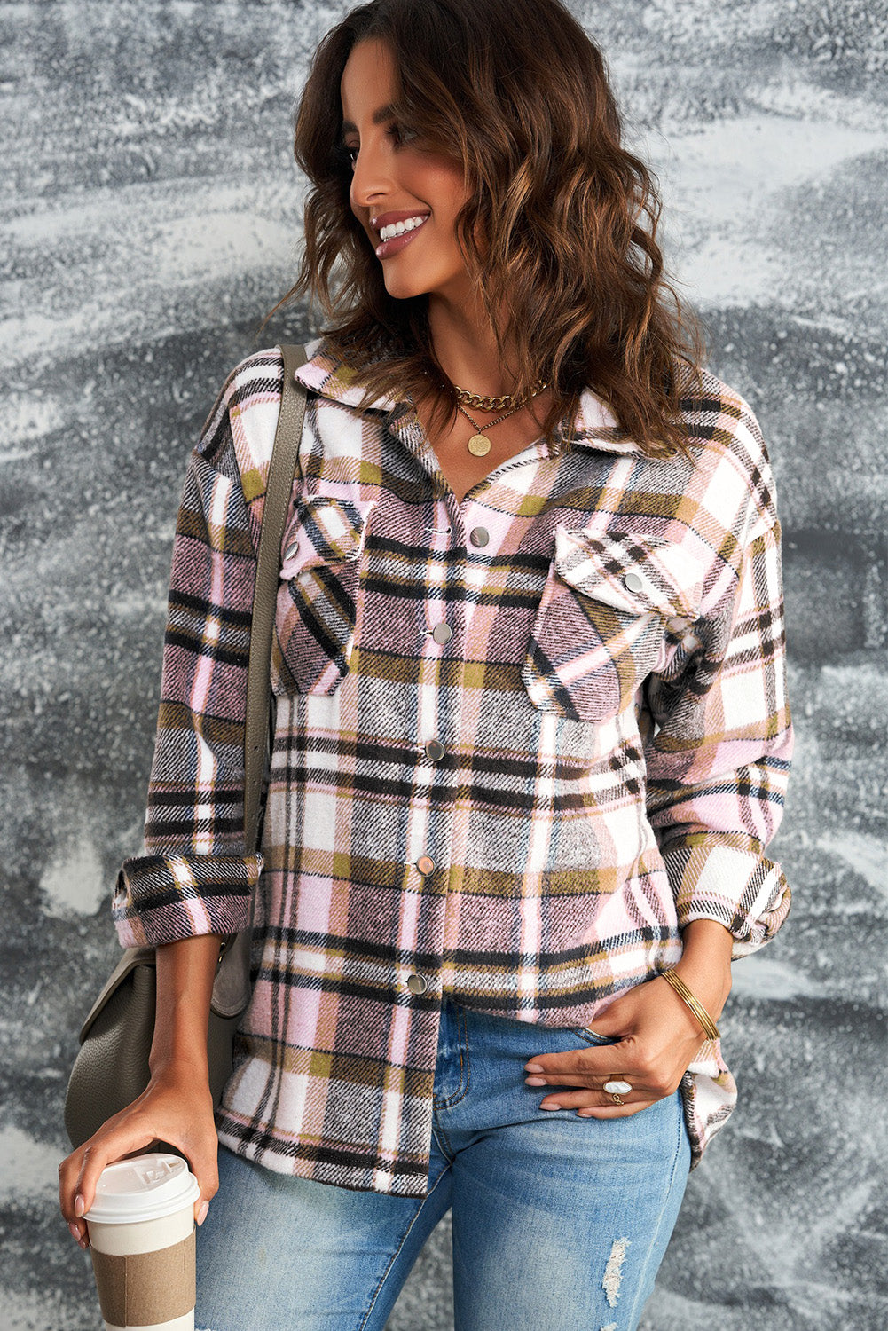 Womens Pink Geometric Plaid Print Shirt Shacket