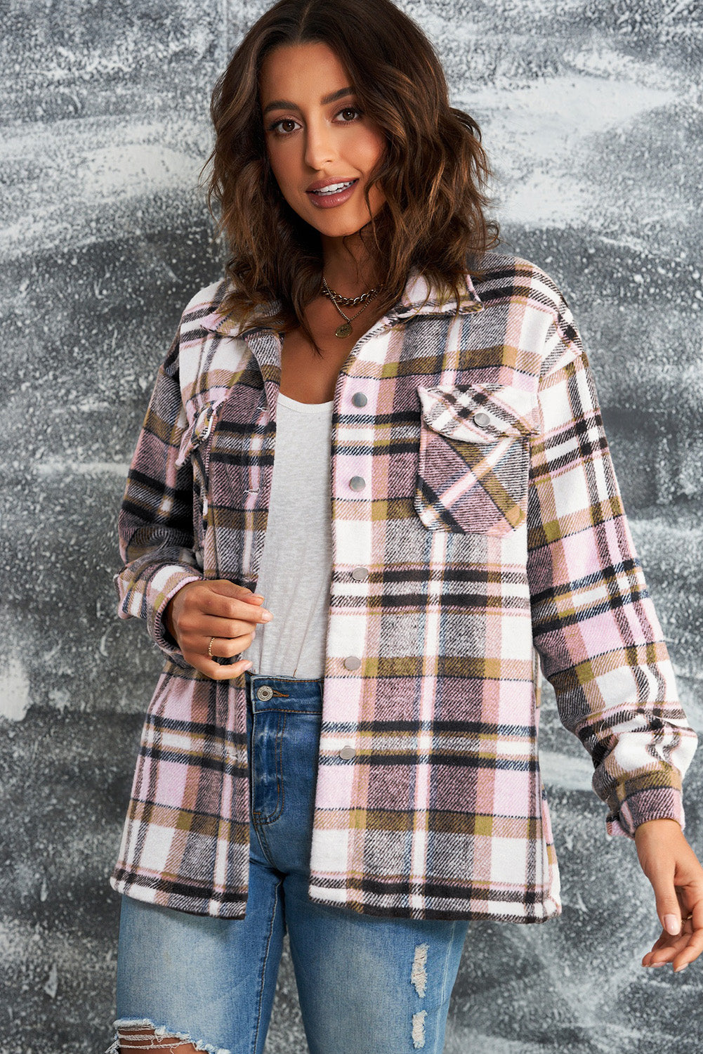 Womens Pink Geometric Plaid Print Shirt Shacket