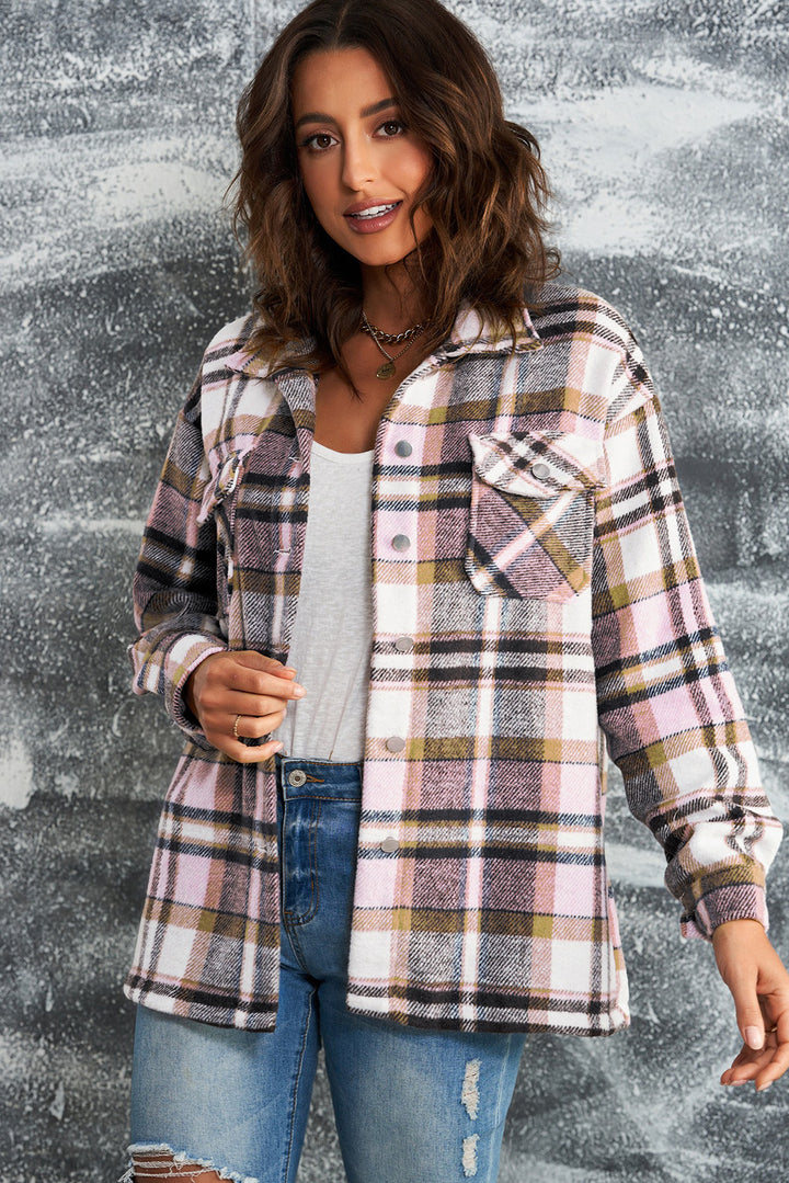 Womens Pink Geometric Plaid Print Shirt Shacket