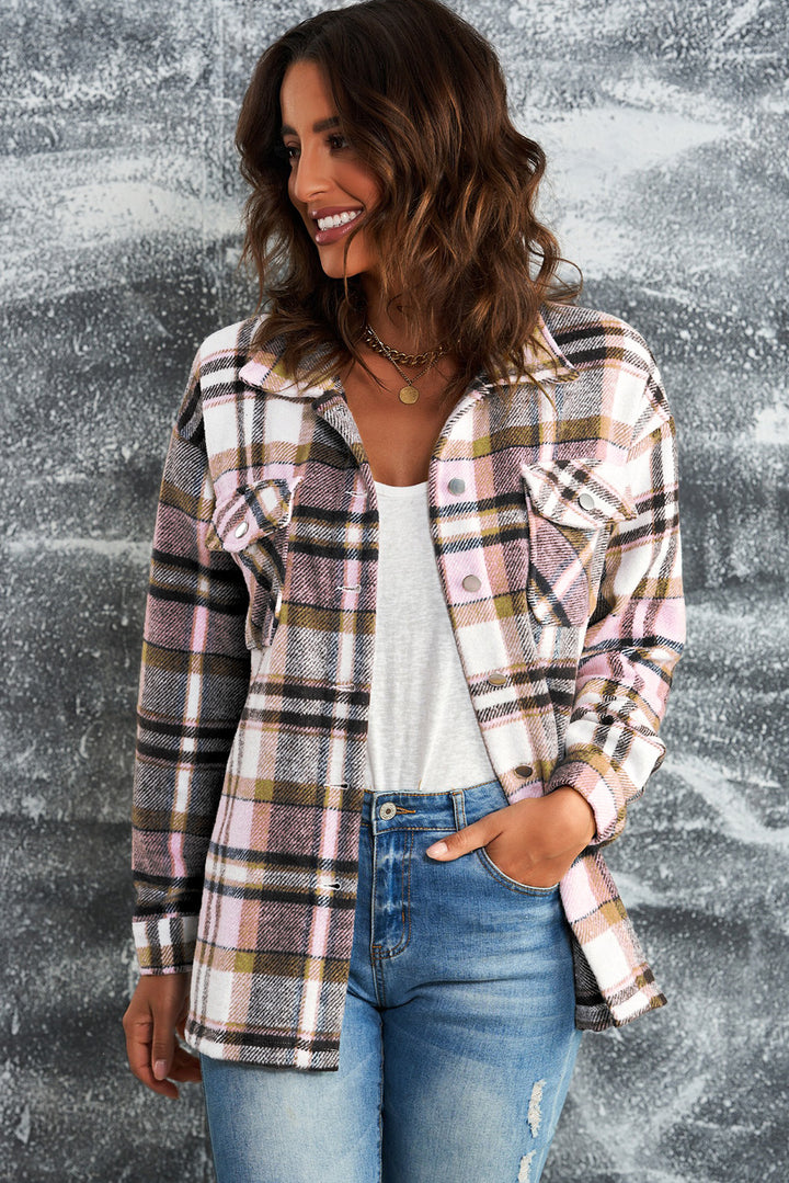 Womens Pink Geometric Plaid Print Shirt Shacket