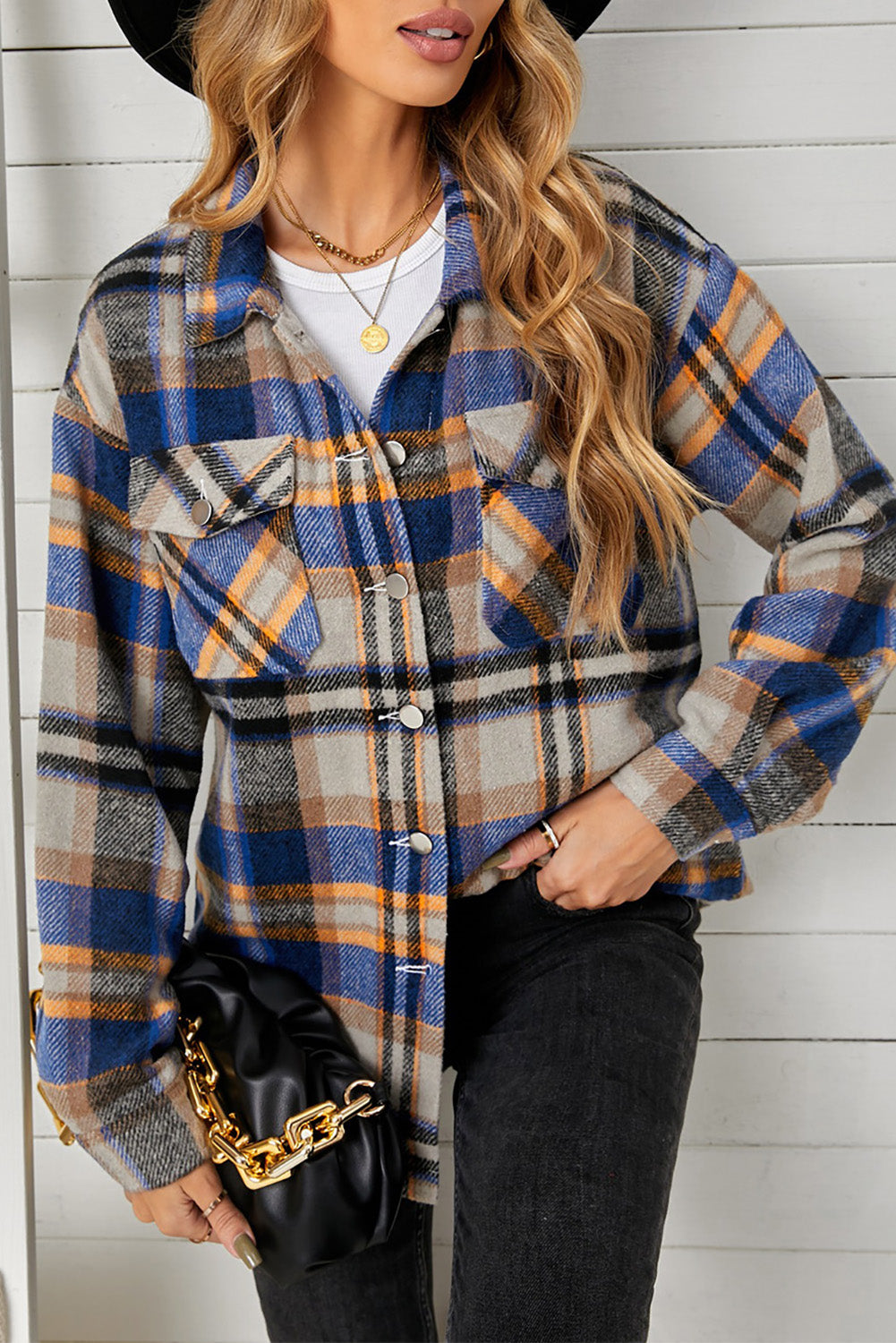 Casual Womens Blue Pocketed Plaid Shirt Shacket
