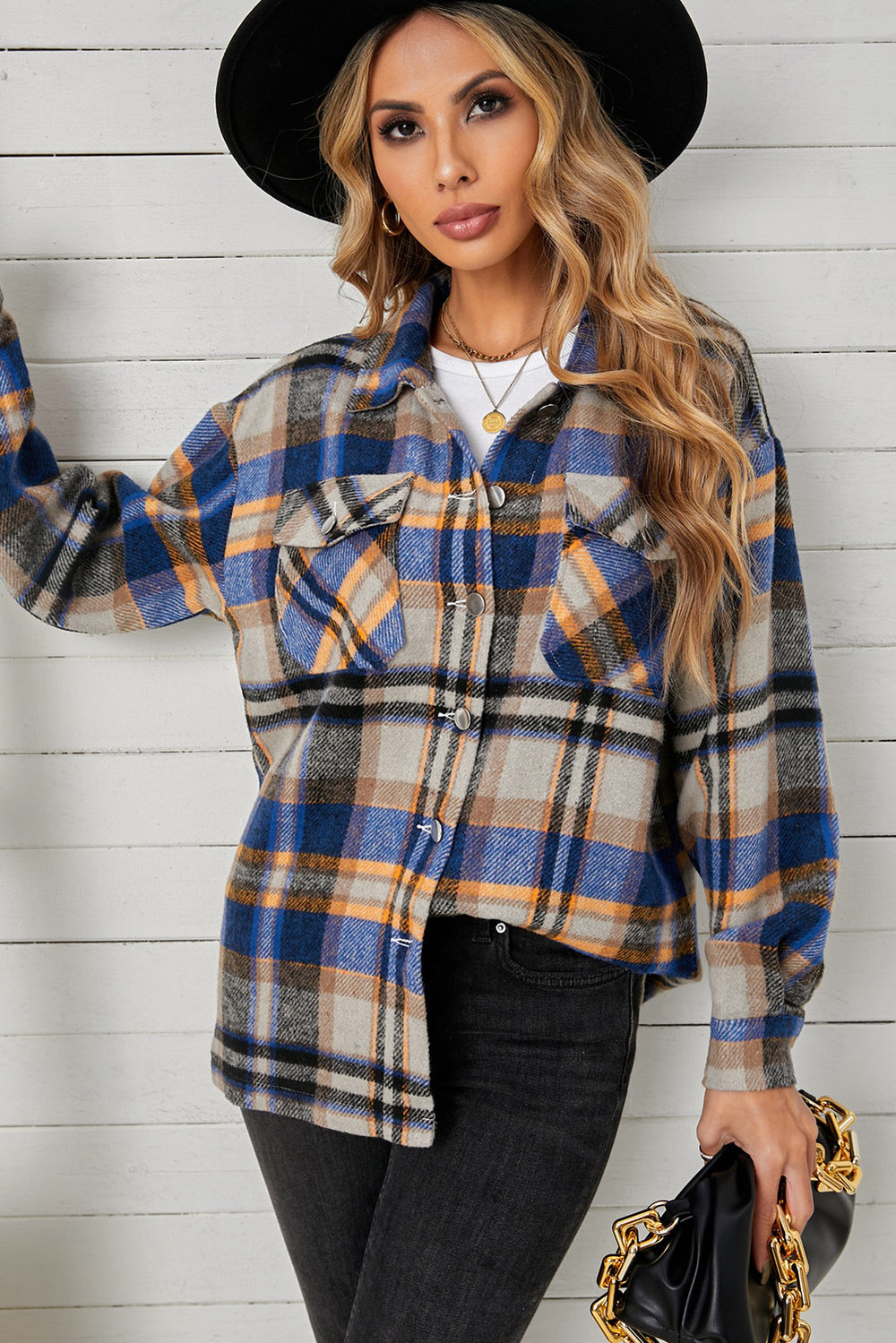 Casual Womens Blue Pocketed Plaid Shirt Shacket