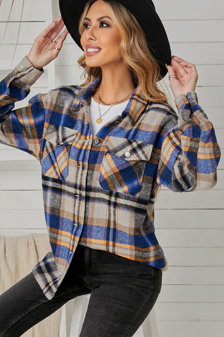 Casual Womens Blue Pocketed Plaid Shirt Shacket