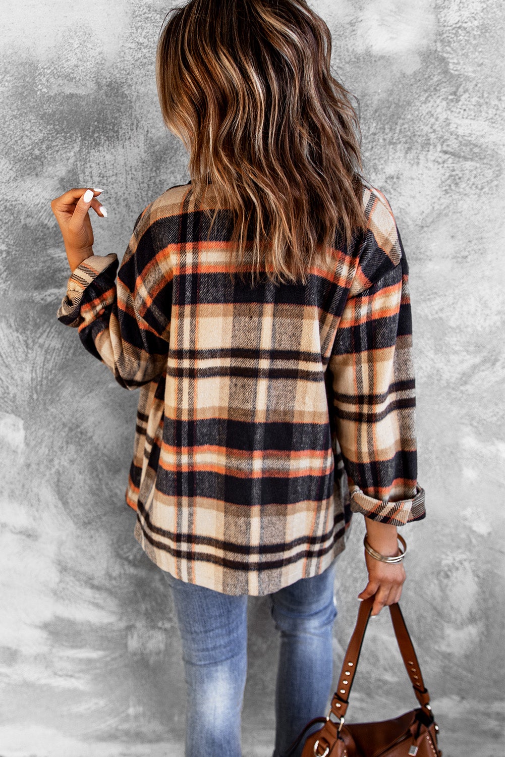 Orange Geometric Plaid Print Pocketed Shirt Jacket