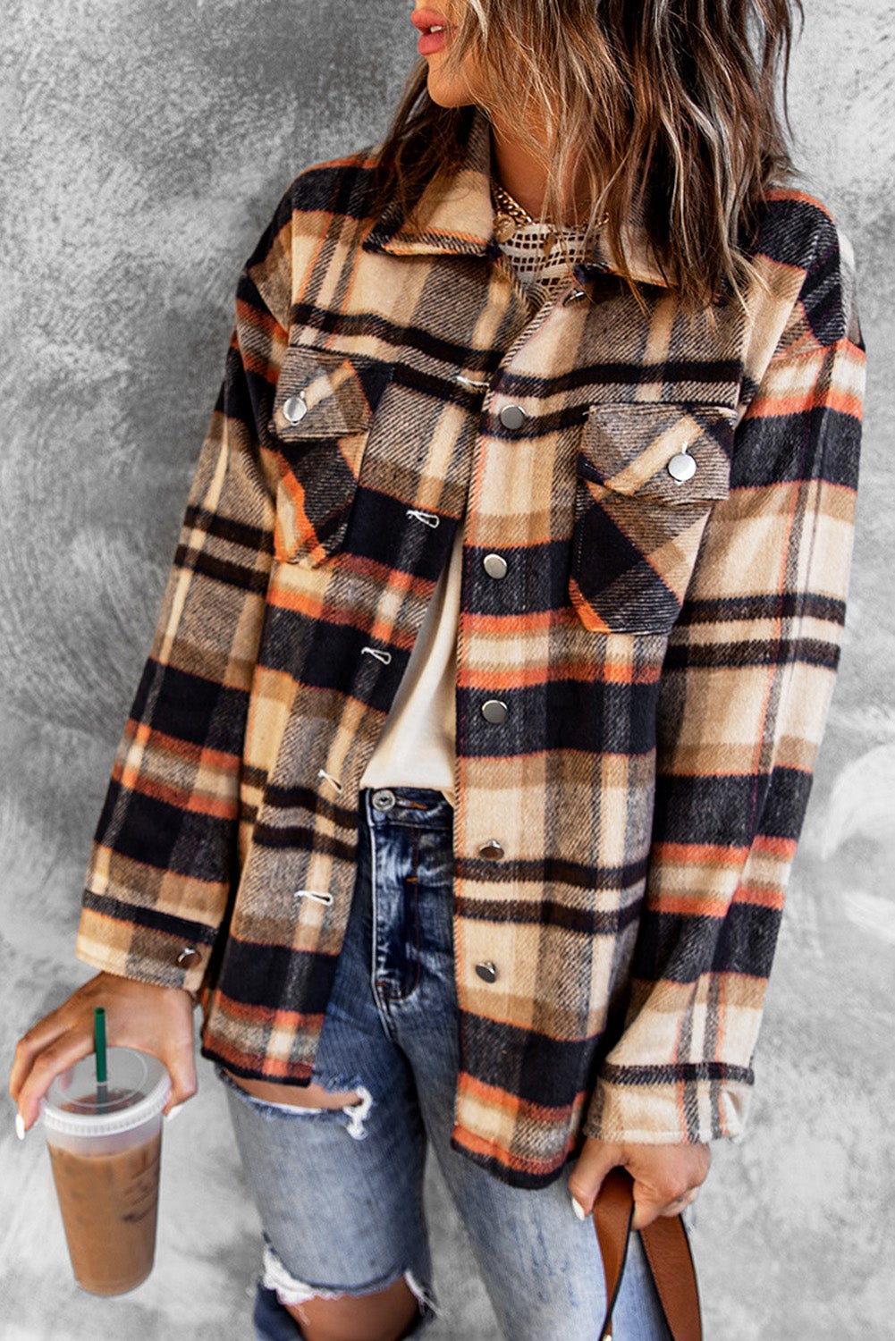 Orange Geometric Plaid Print Pocketed Shirt Jacket