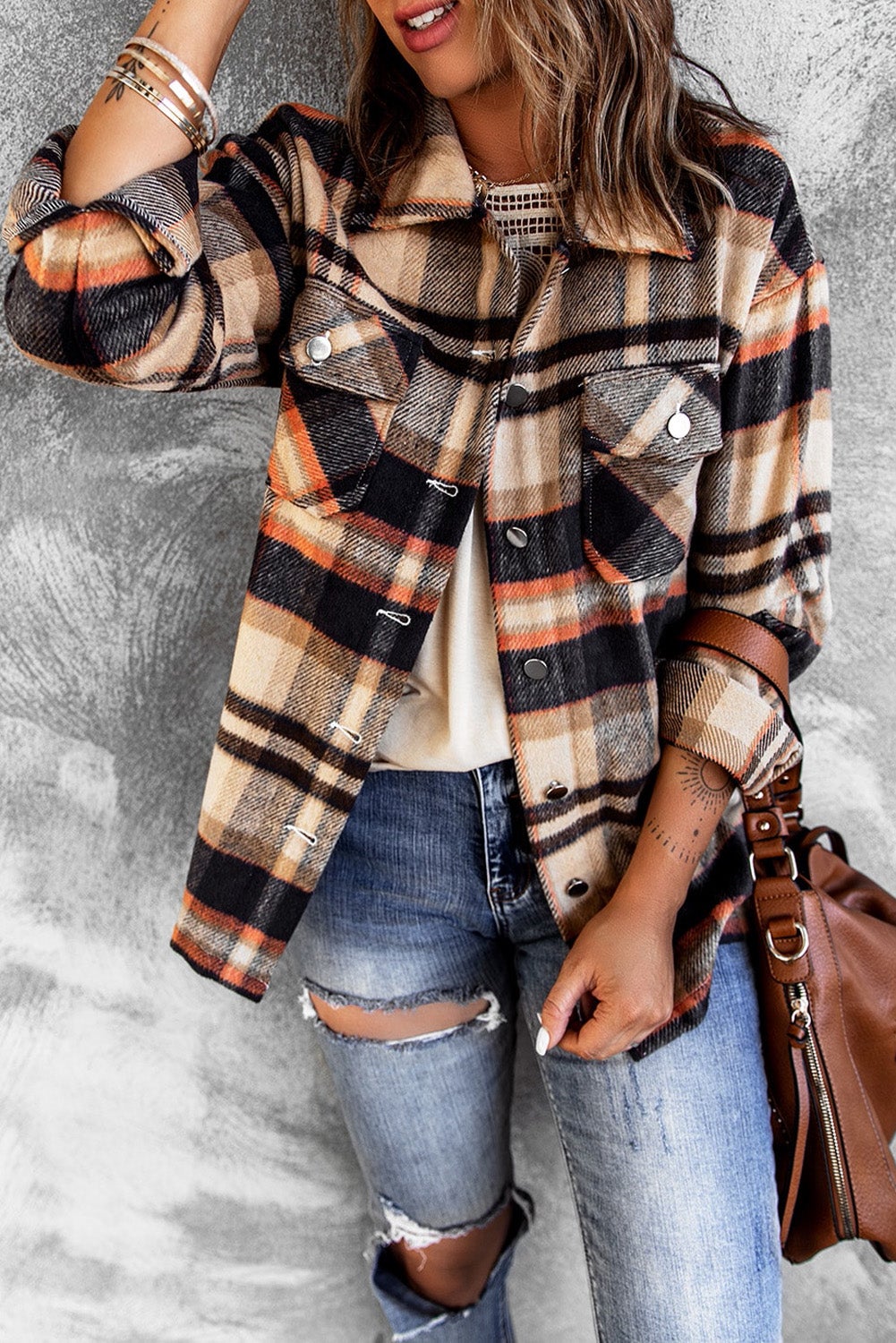 Orange Geometric Plaid Print Pocketed Shirt Jacket