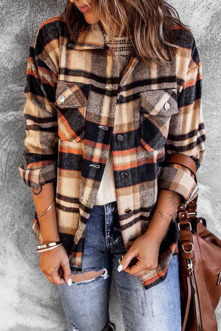 Orange Geometric Plaid Print Pocketed Shirt Jacket