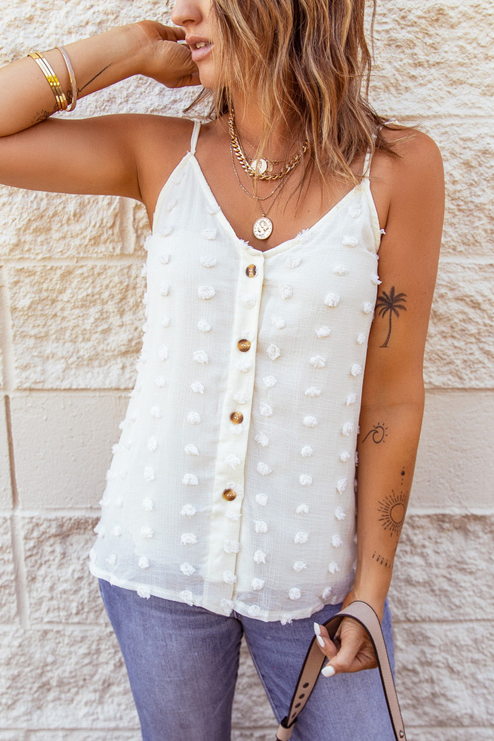 Summer Beige Button Front Swiss Dot Tank