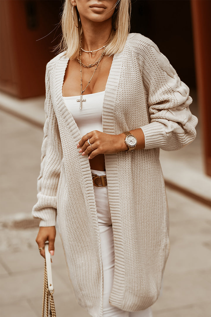Fashion Khaki Open Front Cable Sleeve Long Cardigan