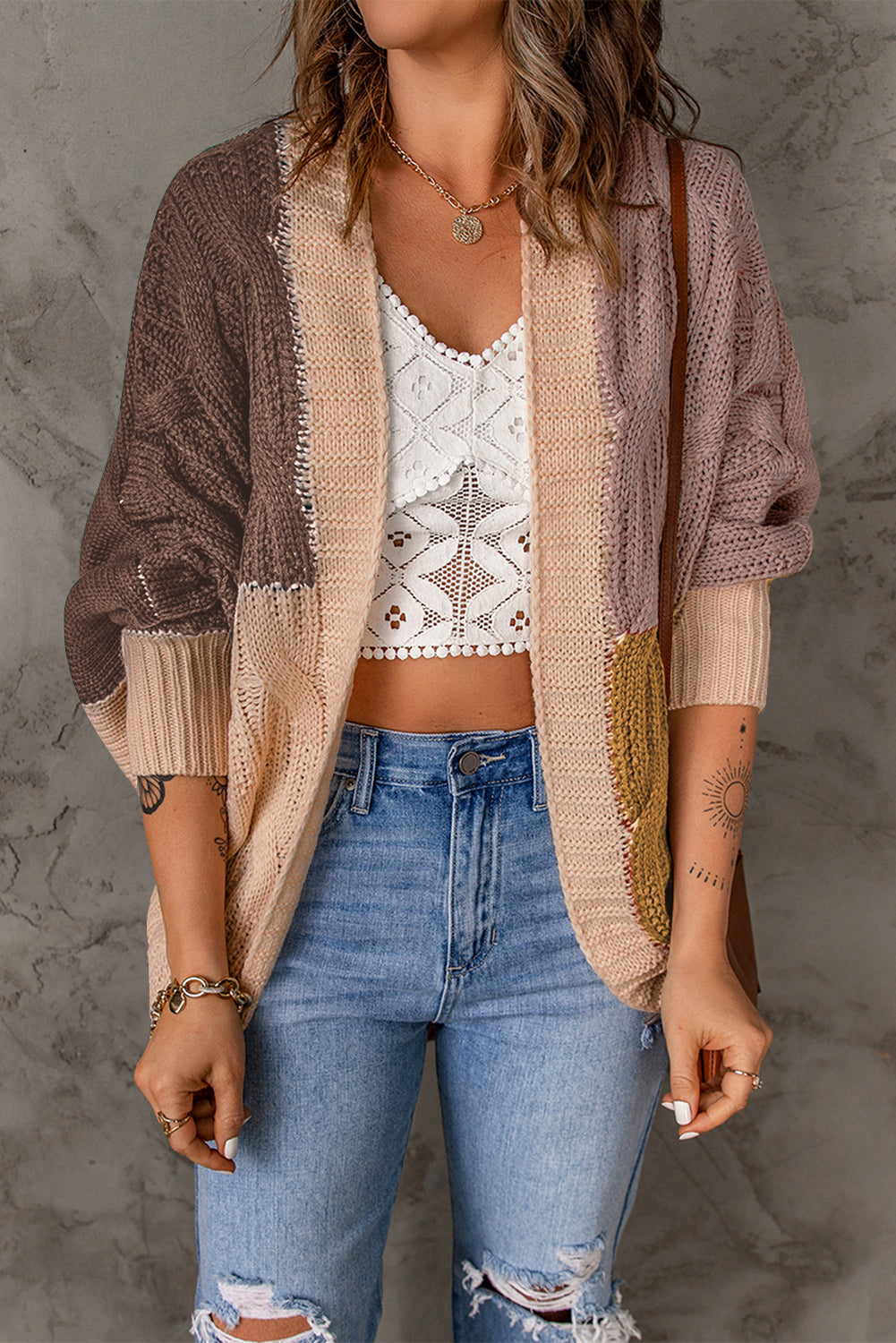 Casual Brown Color Block Loose Open Front Knitted Cardigan