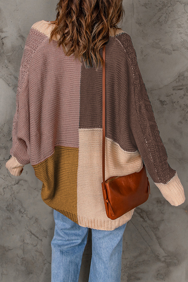 Casual Brown Color Block Loose Open Front Knitted Cardigan