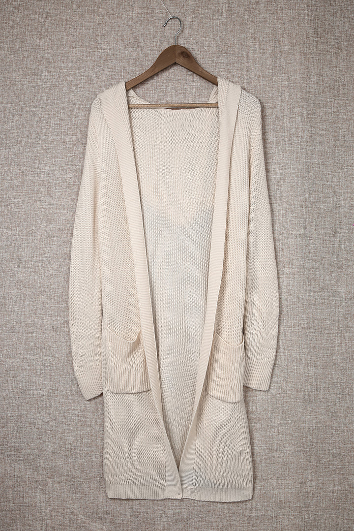 Fashion Apricot Pockets Open Front Knitted Hooded Cardigan