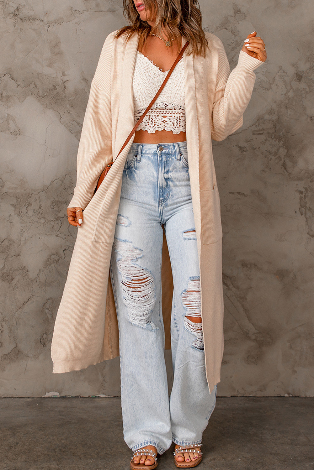 Beige Rib Knitted Drop Sleeve Open Front Long Cardigan