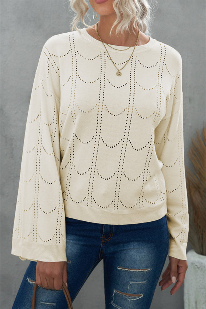 Chic Beige Flare Sleeve Texture Knit Sweater