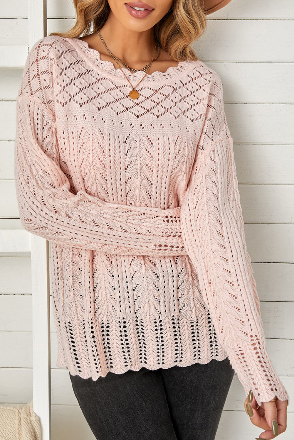 Cute Pink Solid Drop Shoulder Knit Sweater
