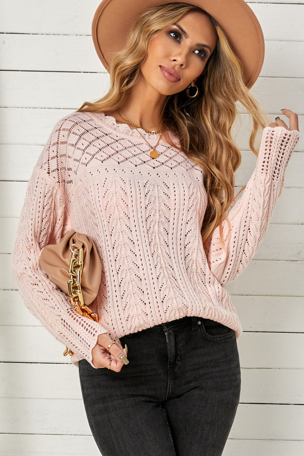 Cute Pink Solid Drop Shoulder Knit Sweater