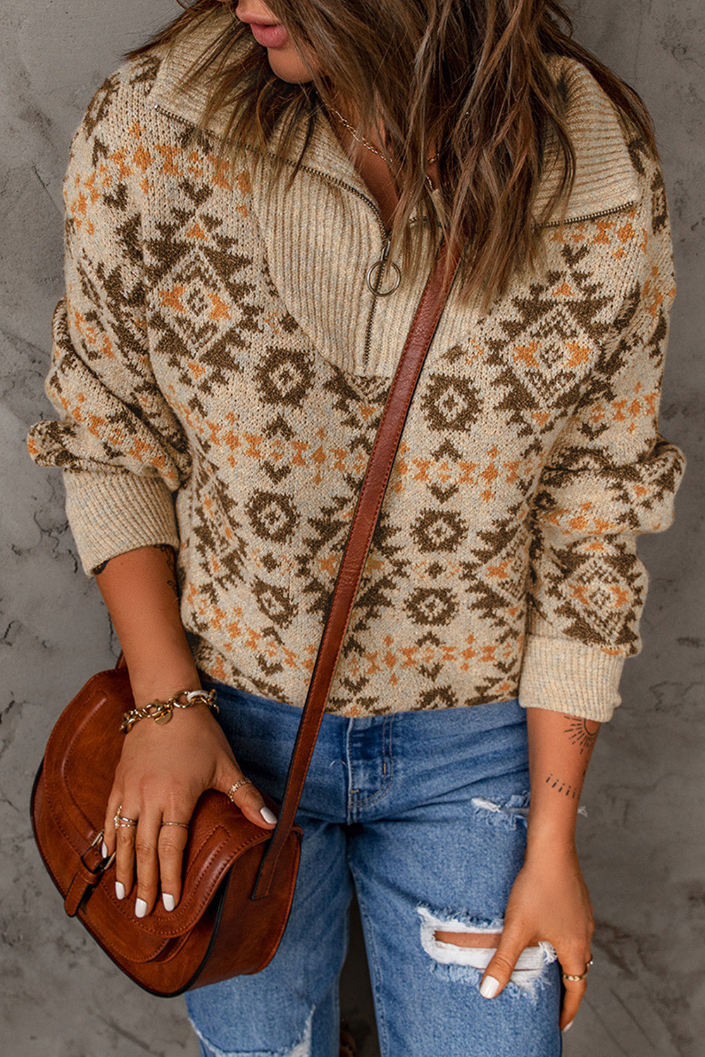Casual Khaki Aztec Knitted Drop Shoulder Zipped Sweater