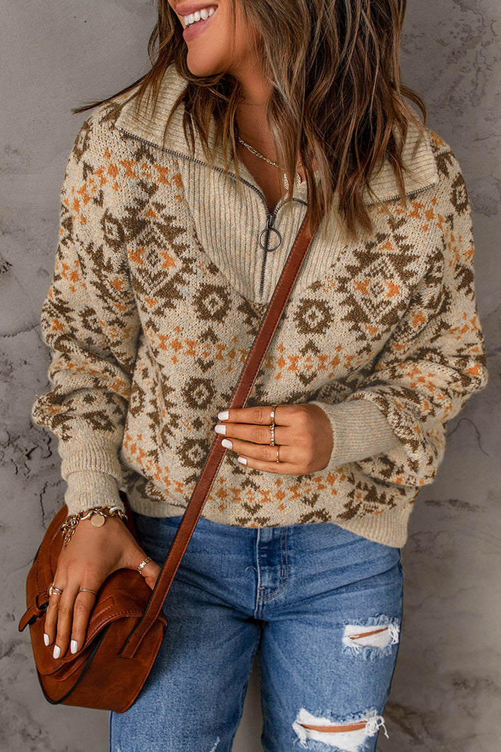 Casual Khaki Aztec Knitted Drop Shoulder Zipped Sweater