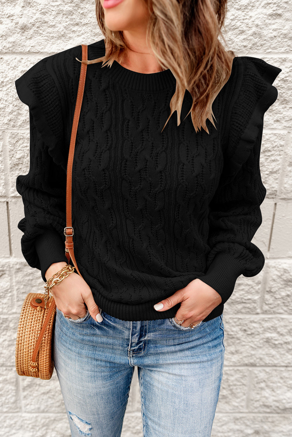 Chic Black Frilled Shoulder Detail Cable Knit Sweater