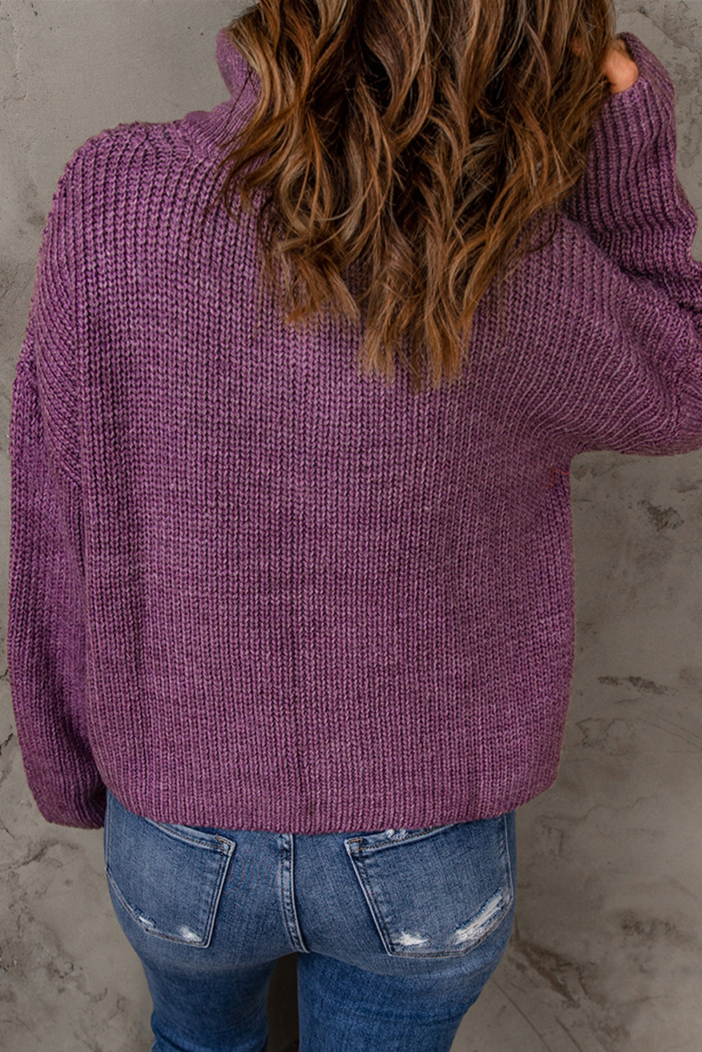 Purple Zipped Turtleneck Drop Shoulder Knit Sweater