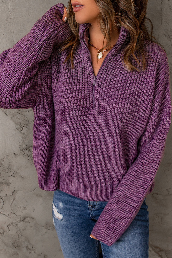 Purple Zipped Turtleneck Drop Shoulder Knit Sweater