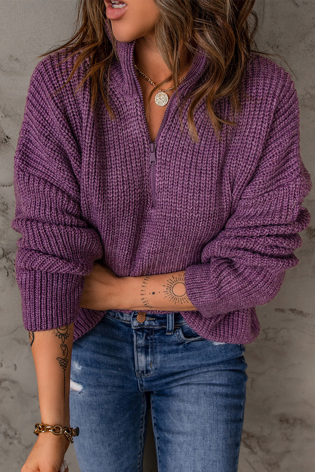 Purple Zipped Turtleneck Drop Shoulder Knit Sweater