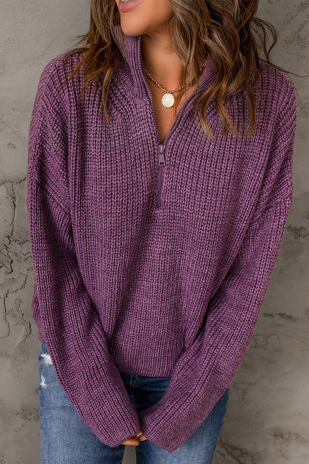 Purple Zipped Turtleneck Drop Shoulder Knit Sweater