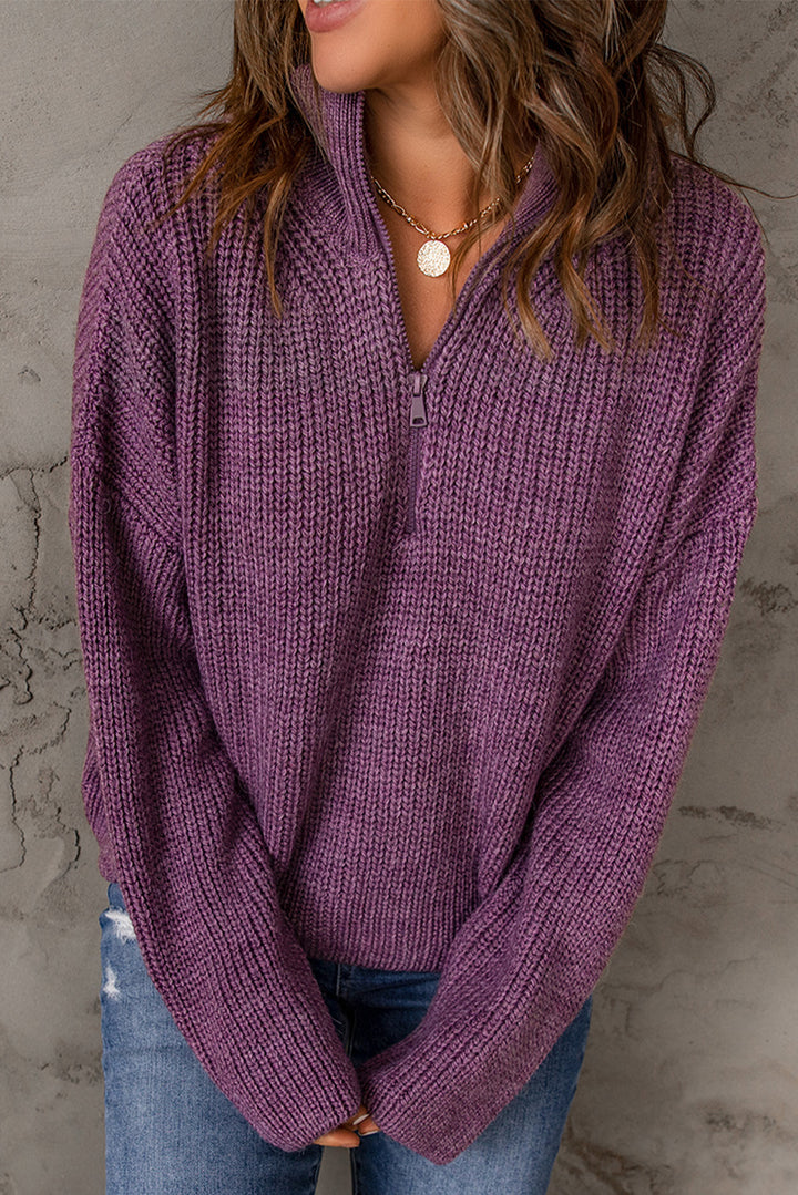 Purple Zipped Turtleneck Drop Shoulder Knit Sweater