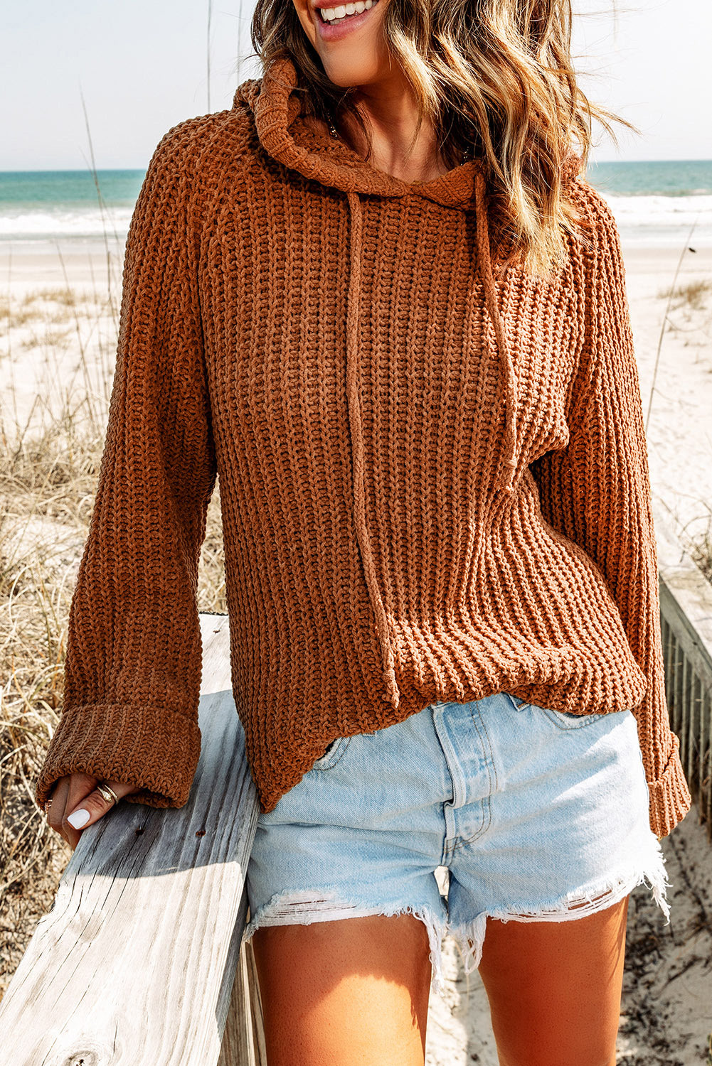 Brown Drawstring Knit Hooded Sweater