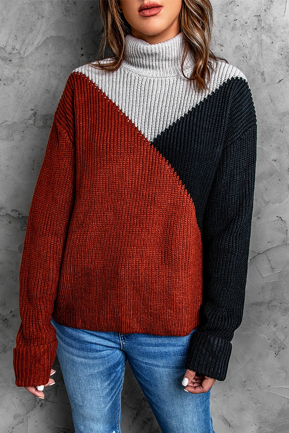 Winter Black Color Block Drop Shoulder Turtleneck Sweater