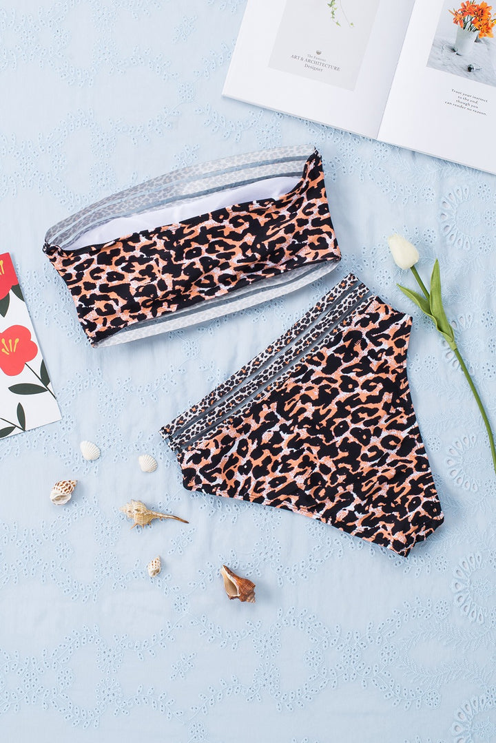 Leopard Print Bandeau Webbing High Waist Sexy Bikini Swimsuit