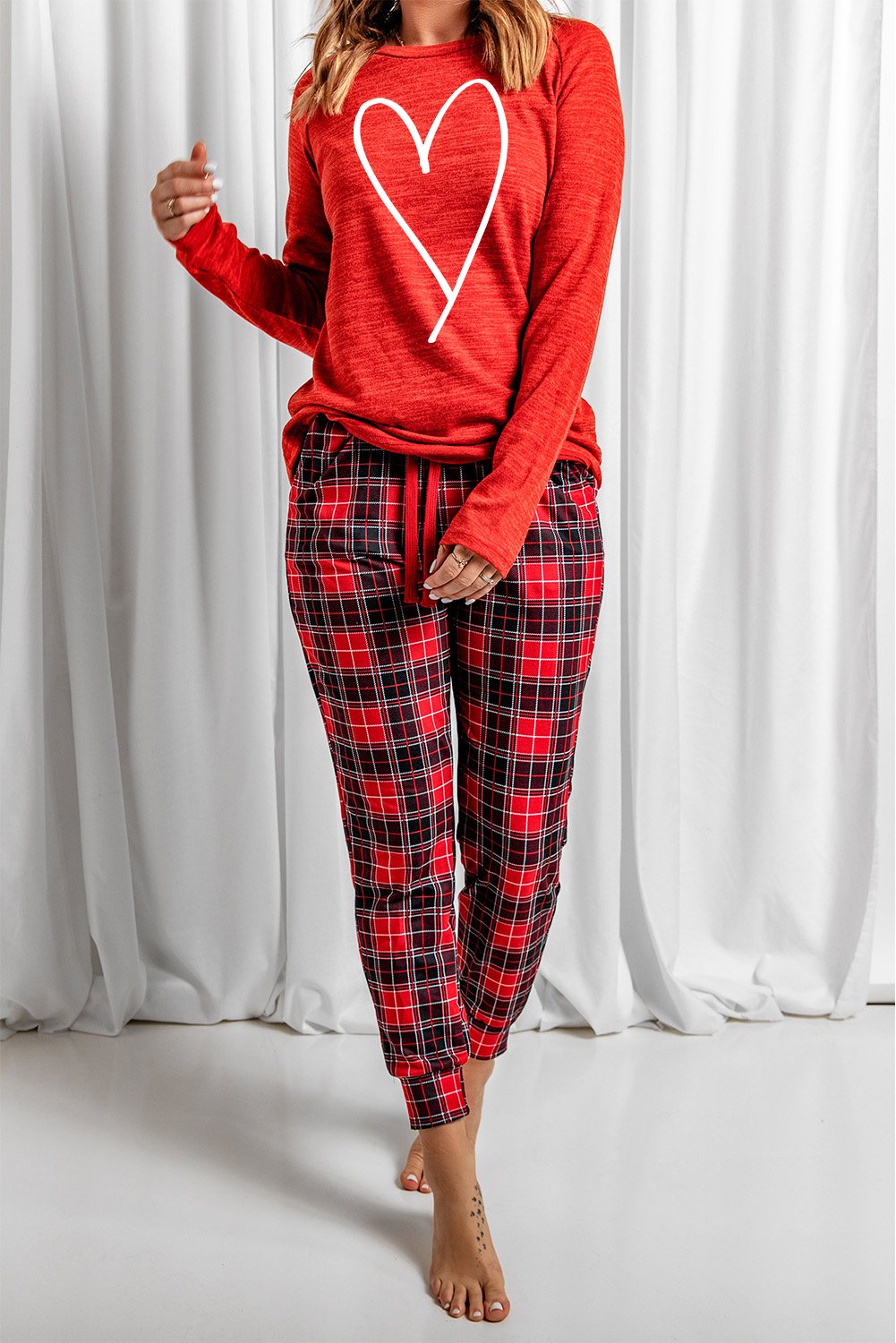 Red Heart Print Plaid Long Sleeve Lounge Set