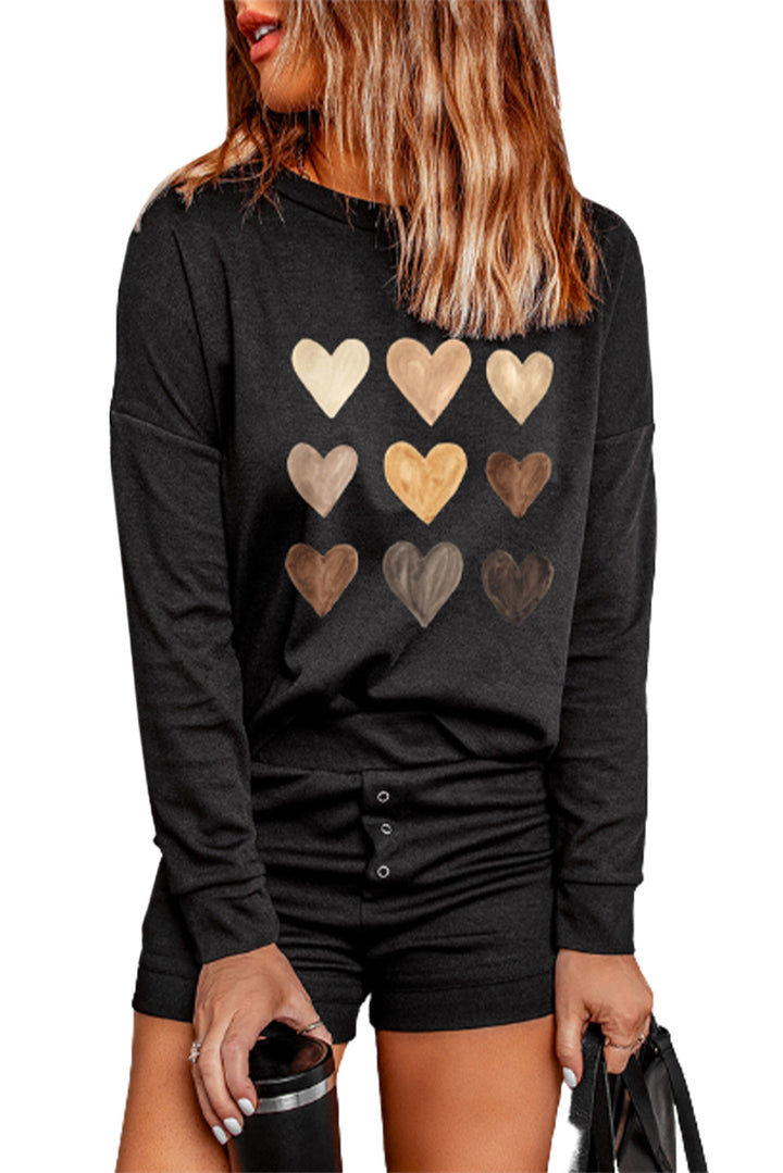 Two-piece Heart Print Drop Shoulder Pullover and Buttons Shorts Loungewear