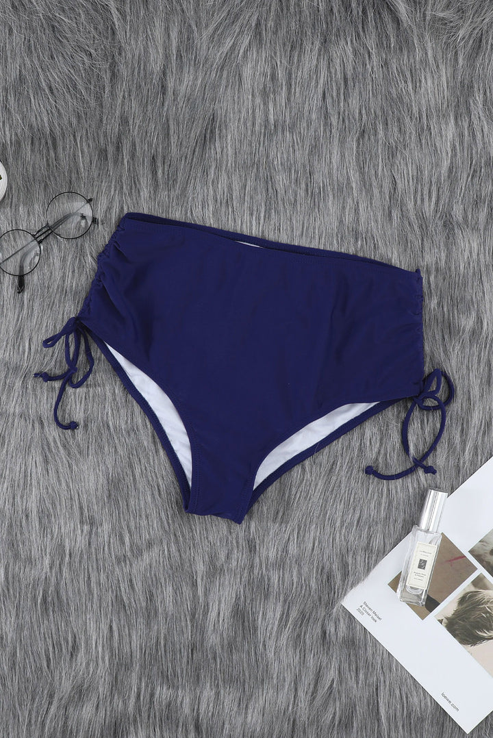 Women Blue Drawstring Ruched Sides High Waist Swim Panty