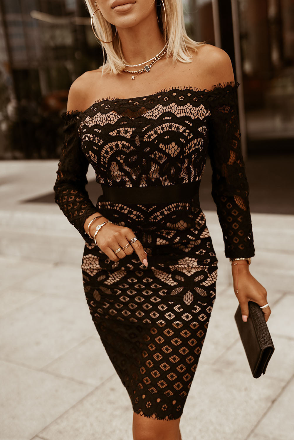 Black Off Shoulder Lace Bodycon Formal Dress ModeShe Black Off Shoulder Lace Bodycon Formal Dress ModeShe