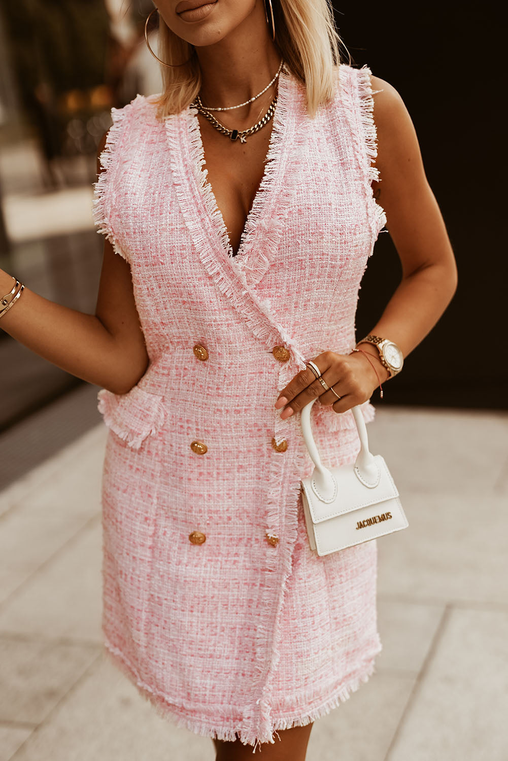 Pink Frayed Edge Double Breasted Tweed Blazer Vest Dress