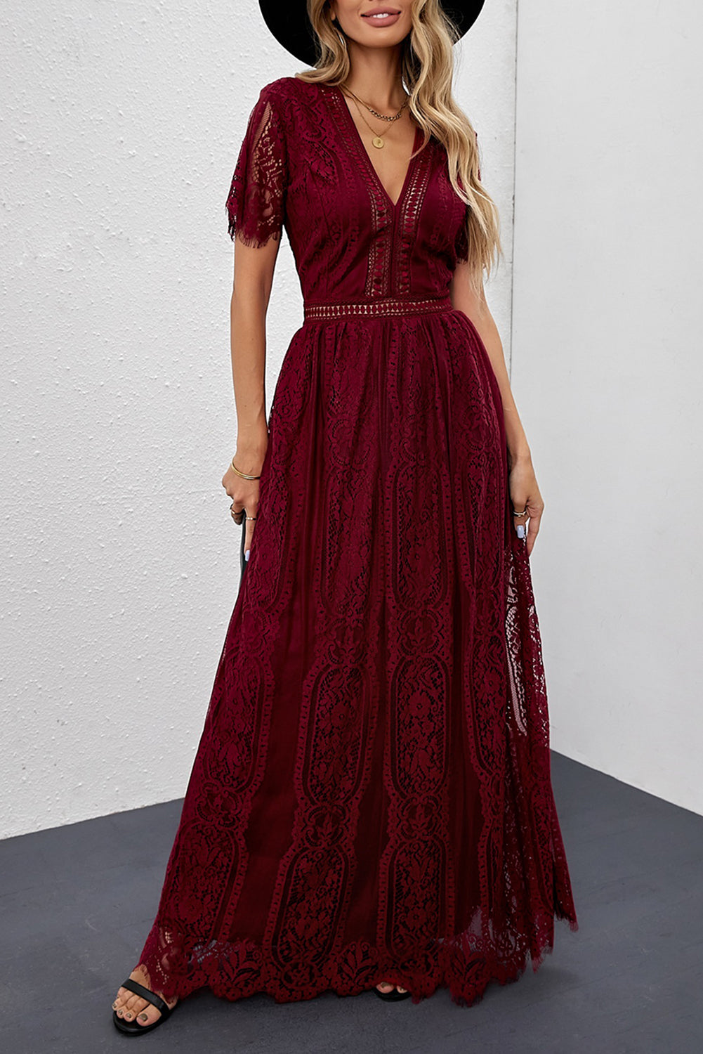 Burgundy Deep V Neck Short Sleeve Lace Maxi Party Dress