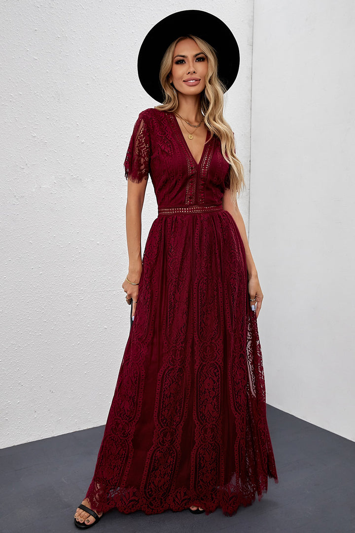 Burgundy Deep V Neck Short Sleeve Lace Maxi Party Dress