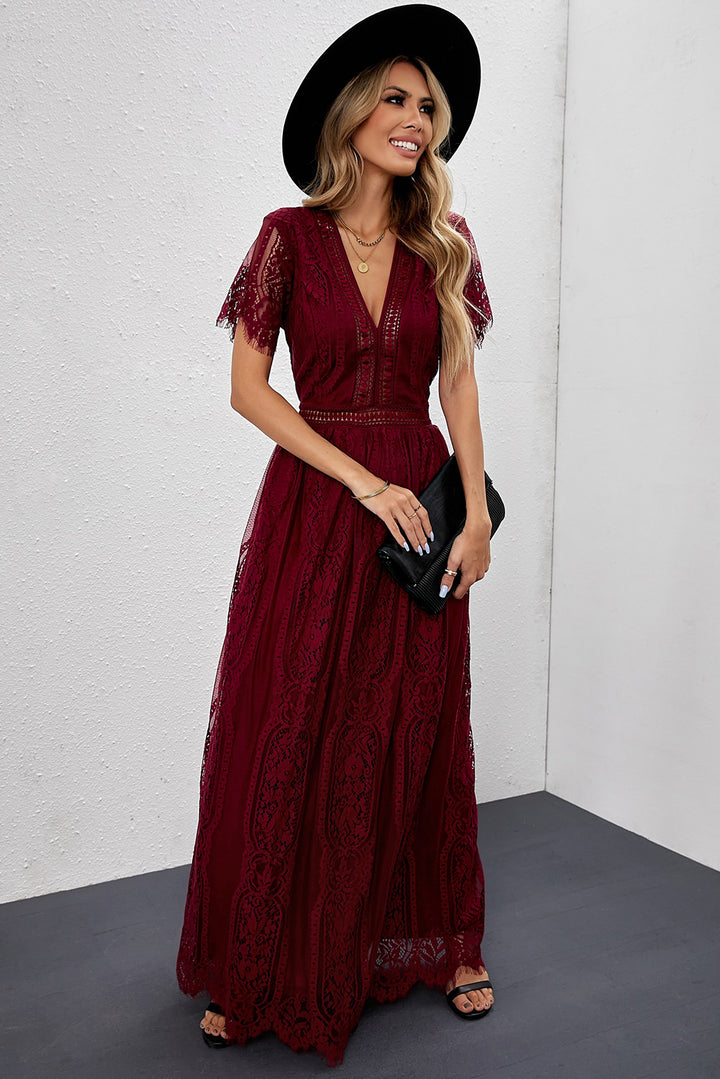 Burgundy Deep V Neck Short Sleeve Lace Maxi Party Dress