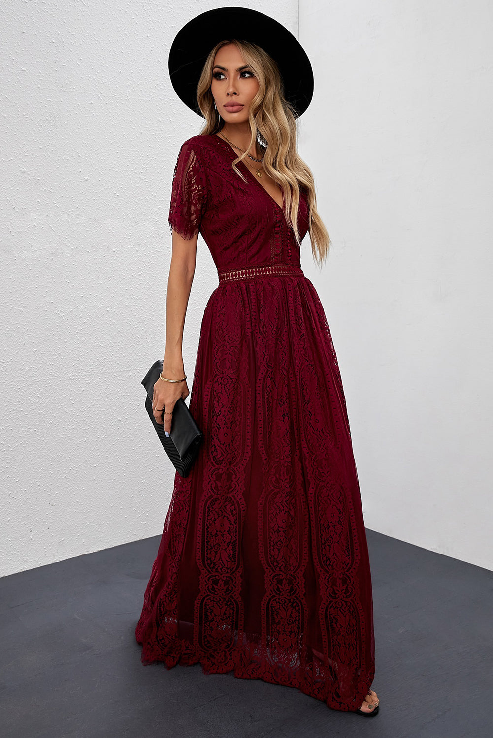 Burgundy Deep V Neck Short Sleeve Lace Maxi Party Dress