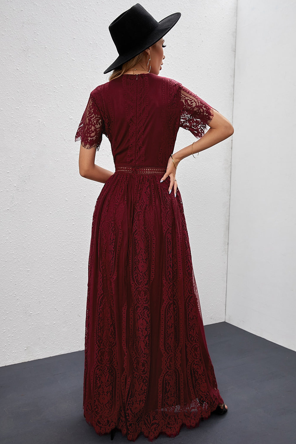 Burgundy Deep V Neck Short Sleeve Lace Maxi Party Dress
