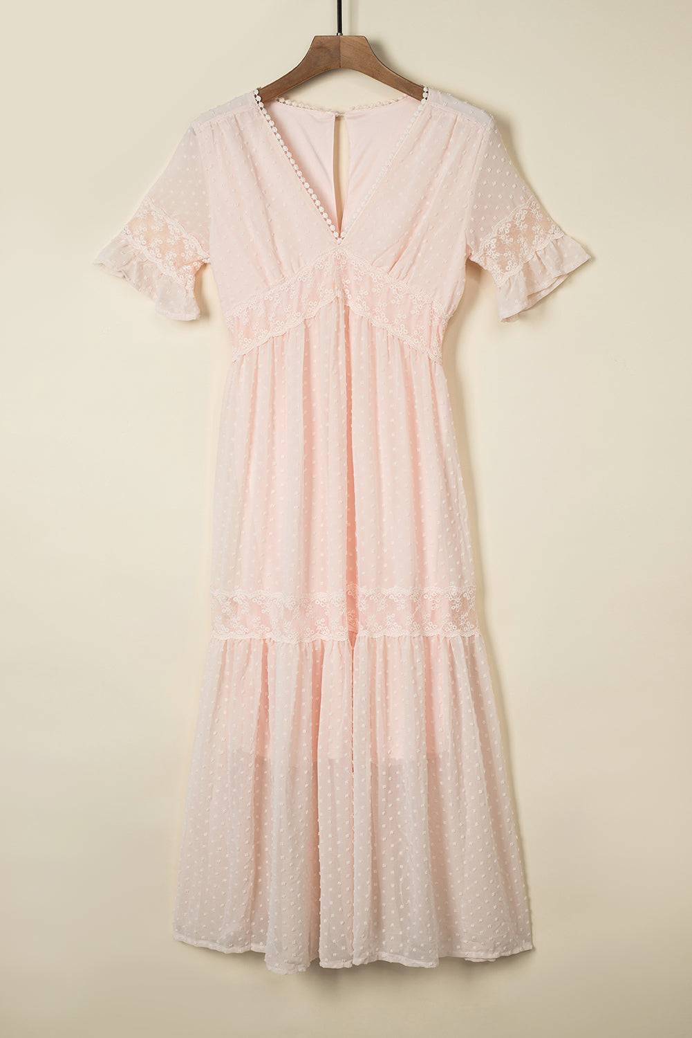 Pink Swiss Dot Lace Trim V Neck Short Sleeve Boho Maxi Dress