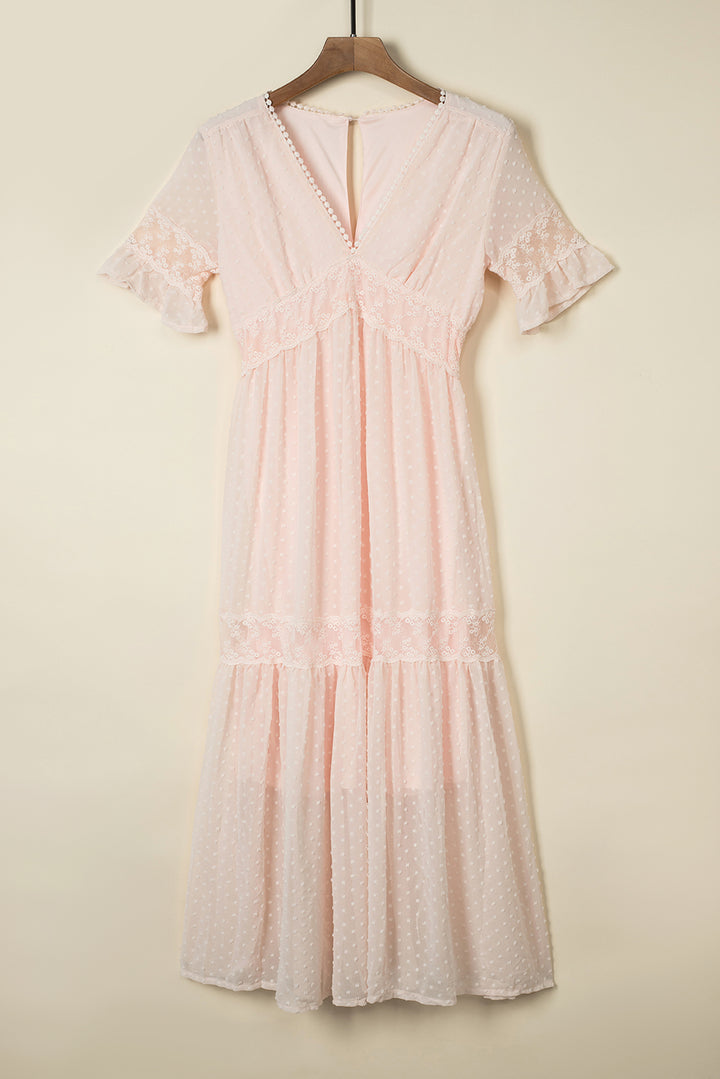 Pink Swiss Dot Lace Trim V Neck Short Sleeve Boho Maxi Dress