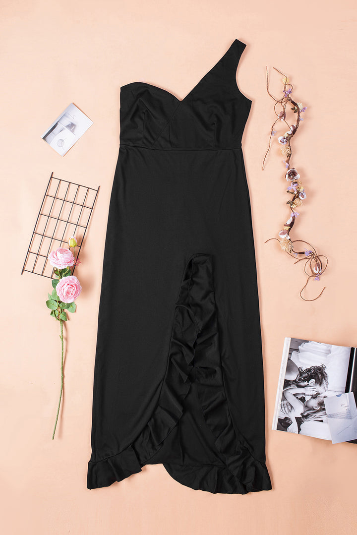 Luxury Black One-shoulder Cascading Split Evening Party Maxi Dress