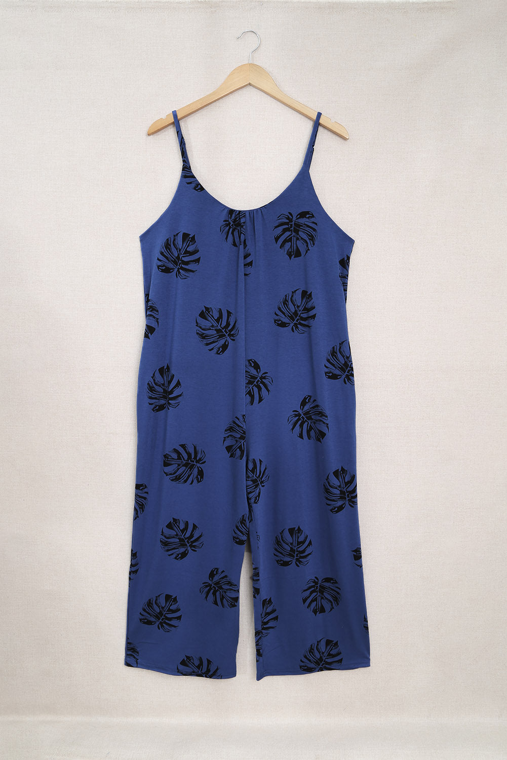Summer Blue Palm Leaves Print Spaghetti Strap Wide Leg jumpsuit