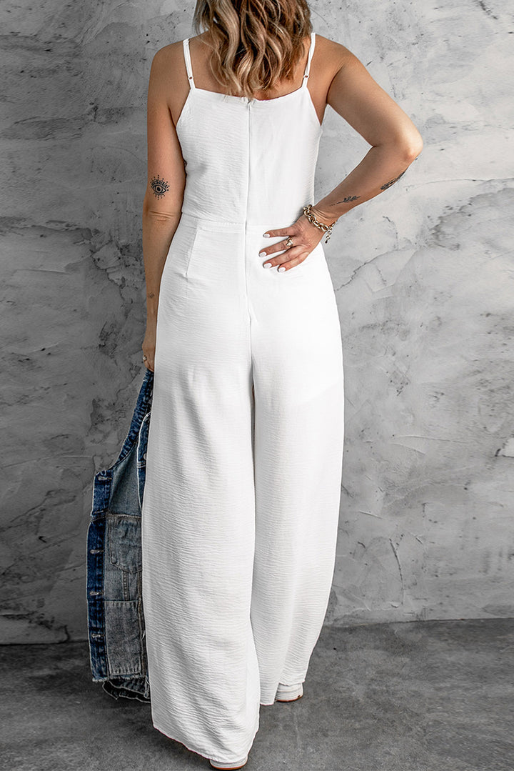 White Spaghetti Strap Wide Leg Drawstring High Waist Jumpsuit