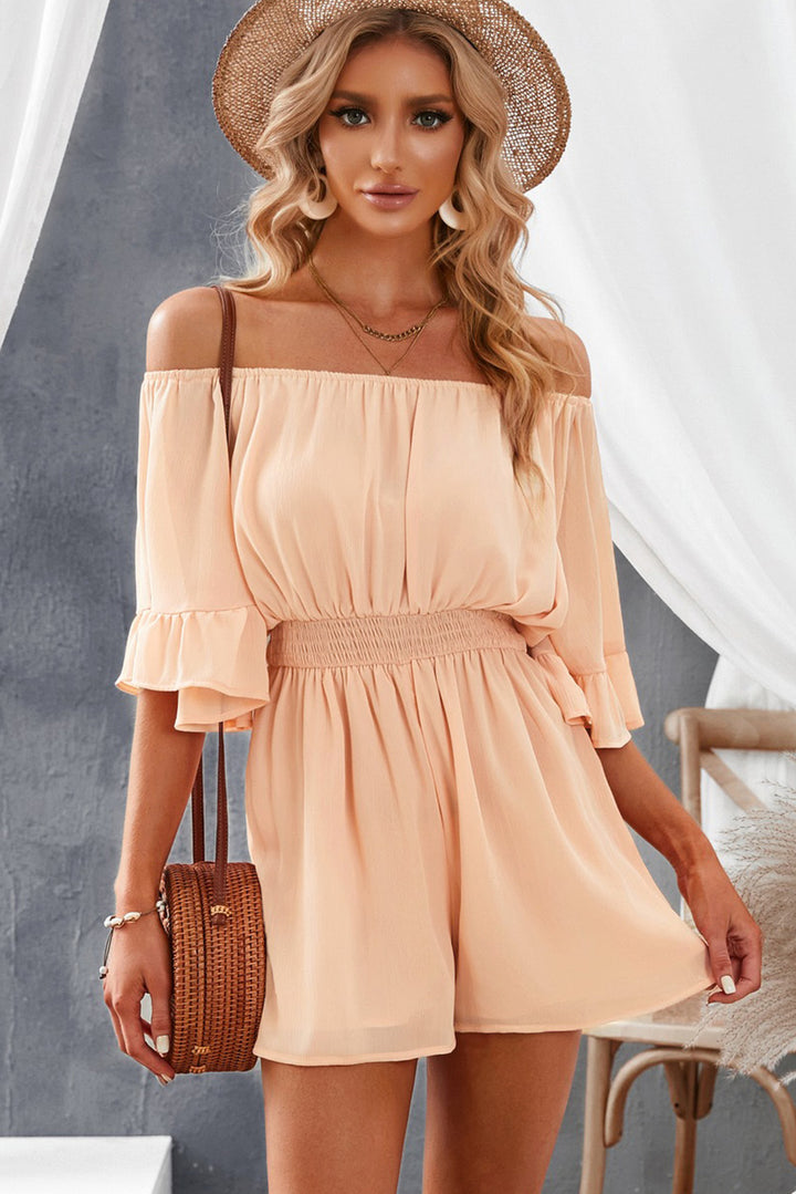 Chic Apricot Ruffled Ruched High Waist Off Shoulder Romper