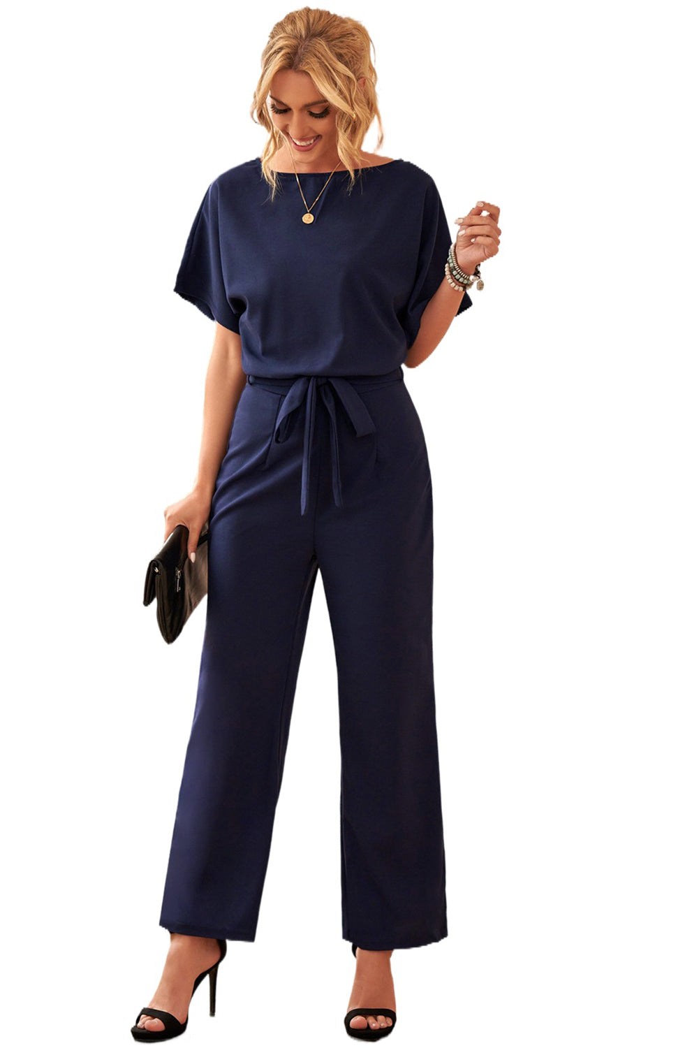 Schicker, blauer „Oh So Glam“-Jumpsuit mit weitem Bein und Gürtel