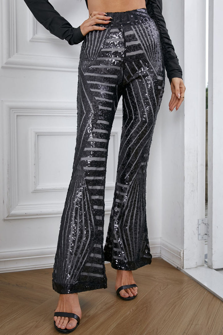 Womens Black Sequin Wide Leg Pants