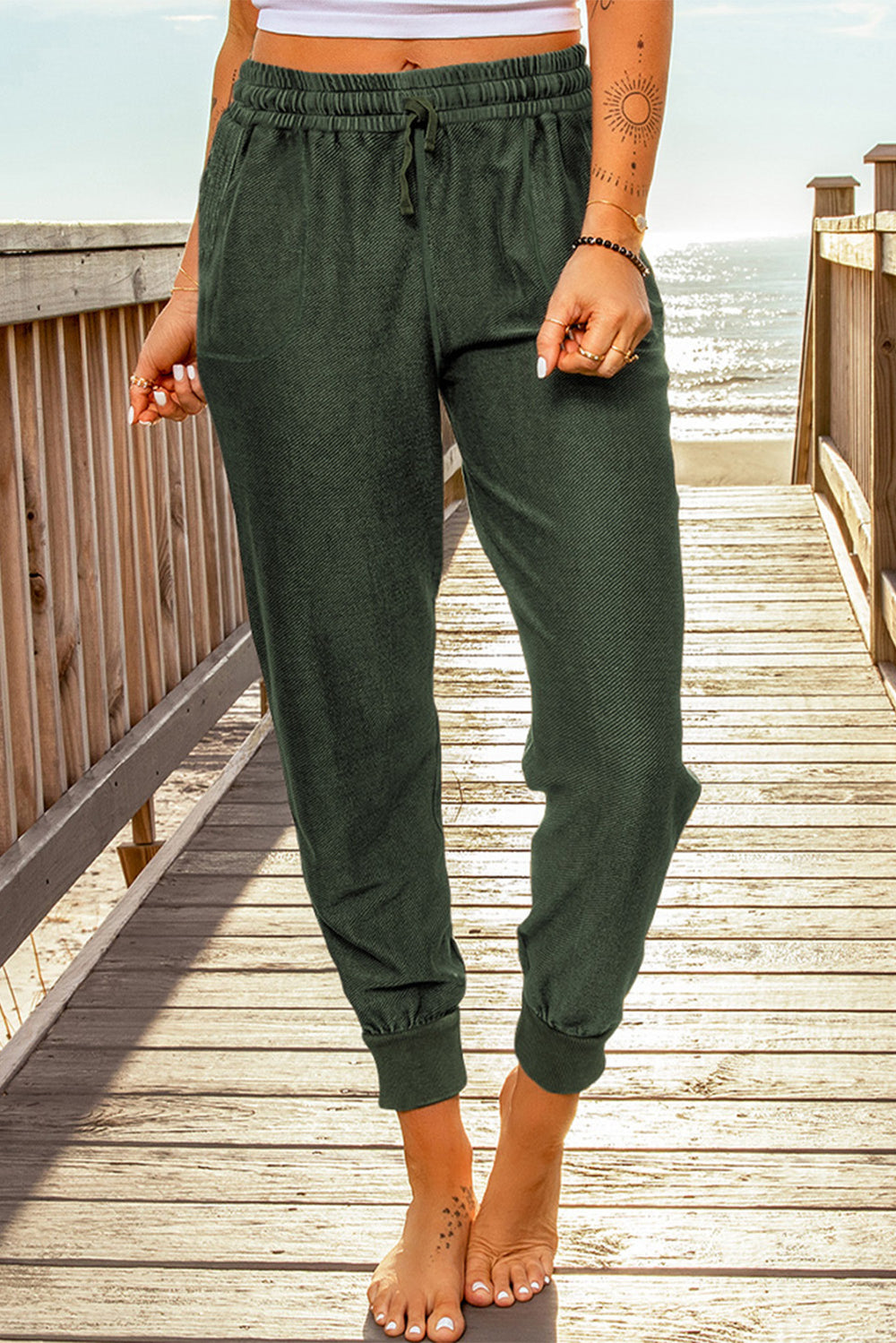 Comfy Army Green Elastic Waist Jogger Pants with Pockets
